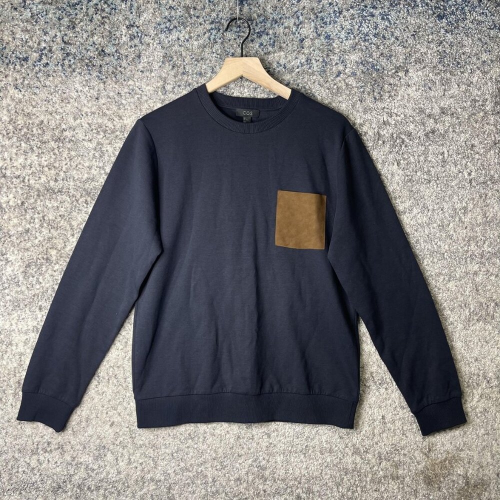 COS Sweatshirt Mens Small Navy Brown Suede Pocket Crewneck Pullover‎ Top